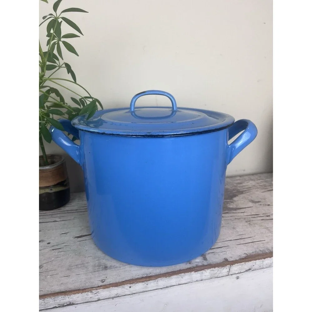 Vintage Robins Egg Blue Thala Ware Enamelware Heavy Stockpot W/Lid Country